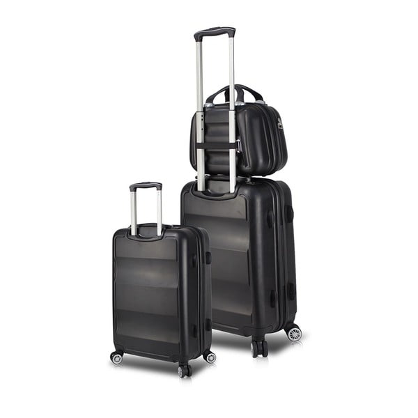 2 juodų kelioninių lagaminų ant ratukų su USB prievadais ir rankinio bagažo dėklu rinkinys "My Valice LASSO Cab Med & MU