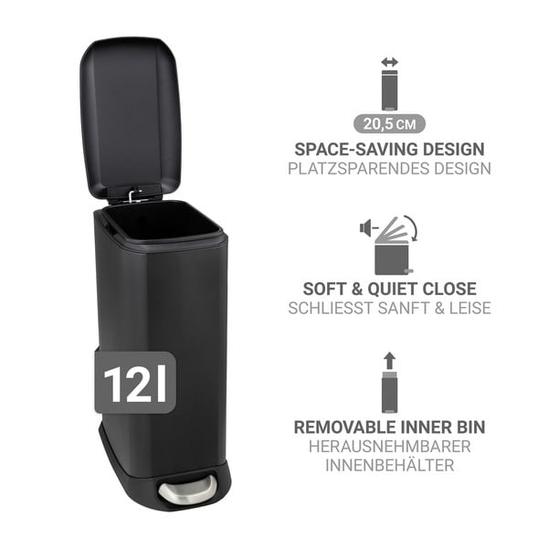 Matinės juodos spalvos iš plieno šiukšliadėžė su pedalu 12 l Design – Wenko-image-3