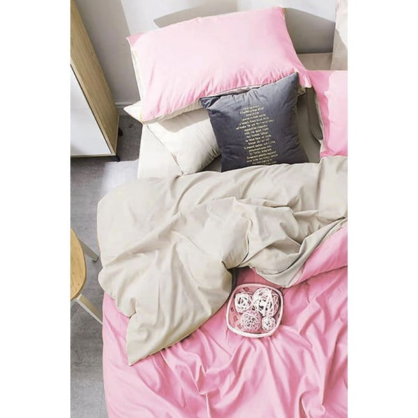 Rausva ir kreminė medvilninė patalynė dvivietei lovai / prailginta su paklode 200x220 cm - Mila Home