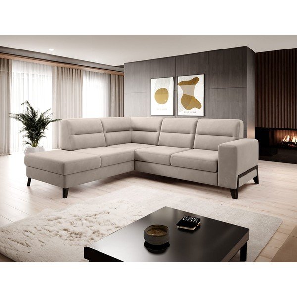 Smėlio spalvos iš velveto sulankstoma/su sandėliavimo vieta kampinė sofa (su kairiuoju kampu/„L“ formos) Cassara – ELTAP-image-1