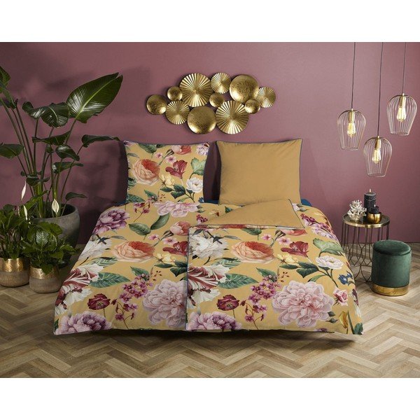 Geltona viengulė patalynė iš ekologiškos medvilnės Descanso Flowery, 140 x 200 cm-image-1