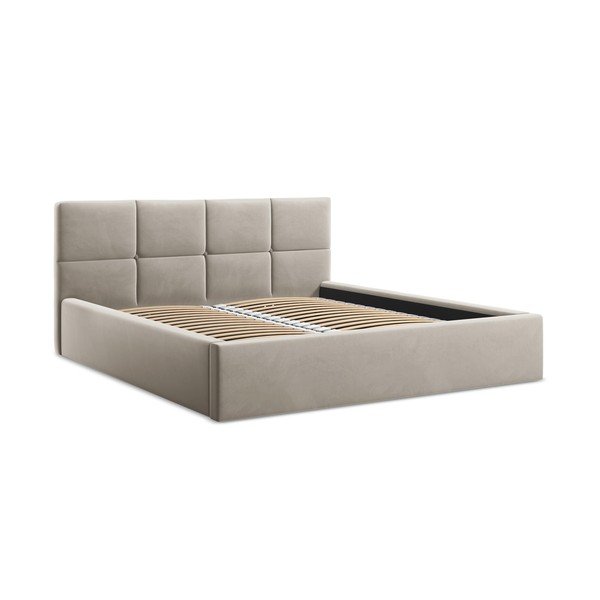 Taupe spalvos iš aksomo dvigulė lova audiniu dengta su sandėliavimo vieta su lovos grotelėmis 140x200 cm Hiko – Makamii