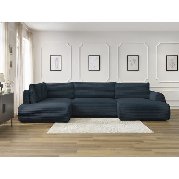 Tamsiai mėlynos spalvos sulankstoma/su sandėliavimo vieta kampinė sofa iš kordinio velveto (su kairiuoju kampu/„U“ formos) Lucien – Bobochic Paris-image-1