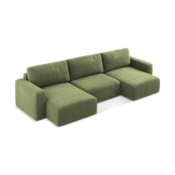 Žalios spalvos sulankstoma/su sandėliavimo vieta kampinė sofa iš šenilinio audinio („U“ formos) Kona – Makamii-image-3