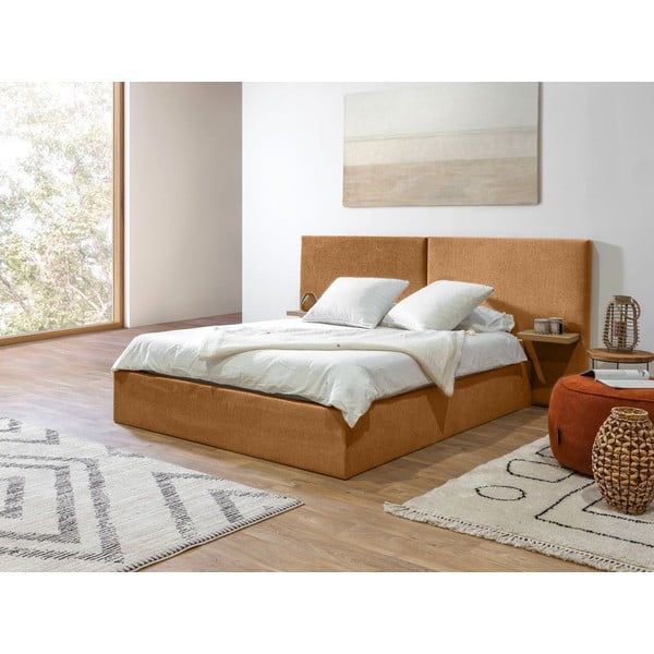 Dvigulė lova ochros spalvos audiniu dengta su sandėliavimo vieta su lovos grotelėmis 160x200 cm Blandine – Bobochic Paris-image-2