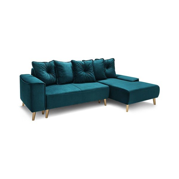 "Bobochic Paris Hera" benzininio aksomo kampinė sofa-lova su auksinėmis kojomis, dešinysis kampas-image-2