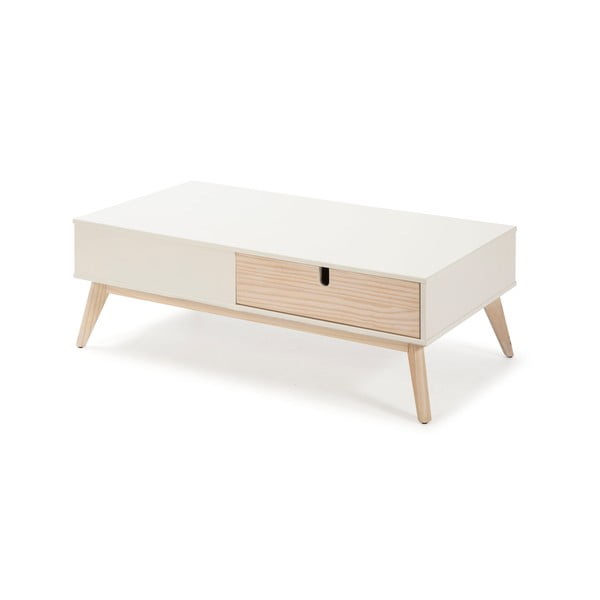 Baltas žurnalinis staliukas su 2 stalčiais ir pušies medienos kojomis Marckeric Kiara-image-3