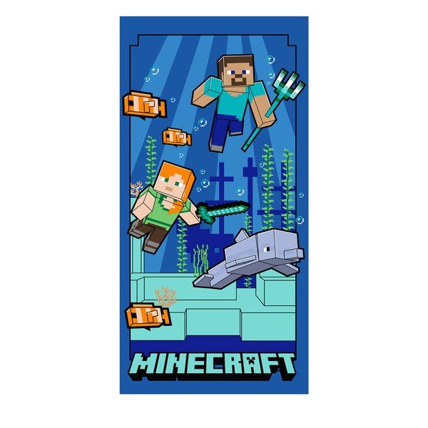 Mėlynos spalvos iš mikropluošto vaikiškas rankšluostis 70x140 cm Minecraft "Underwater Fun" – Jerry Fabrics