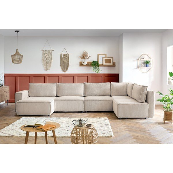 Kampinė sofa kreminės spalvos iš kordinio velveto (su dešiniuoju kampu/„U“ formos) Nihad modular – Bobochic Paris-image-1