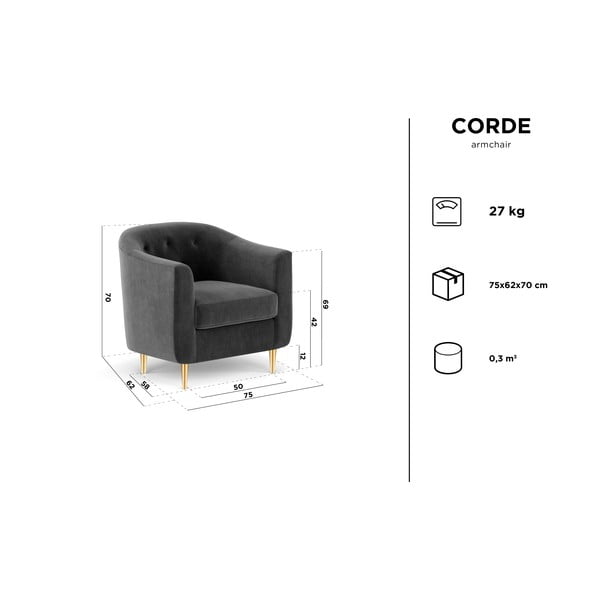 Tamsiai pilkas aksominis krėslas Kooko Home Corde-image-4