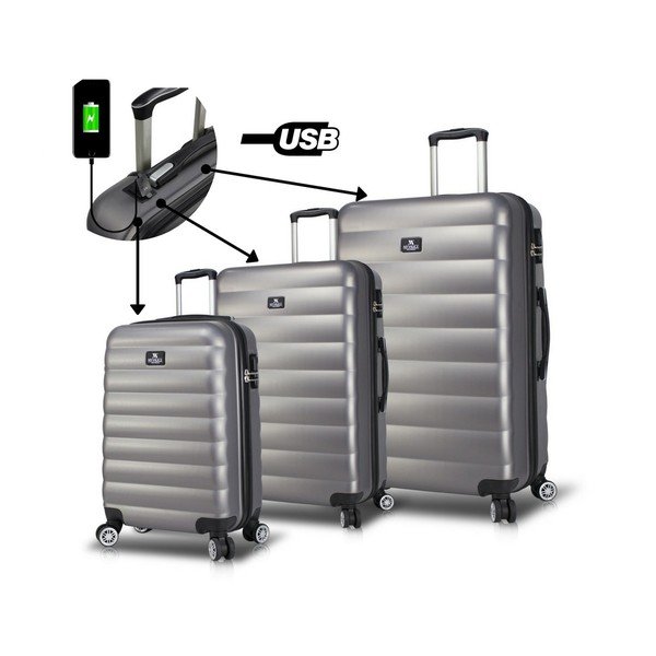 3 pilkų kelioninių lagaminų rinkinys ant ratukų su USB jungtimis My Valice RESSO Travel Set-image-3
