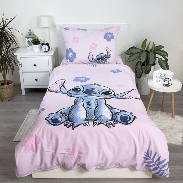 Šviesiai rožinės spalvos iš medvilnės viengulė vaikiška patalynė 140x200 cm Lilo & Stitch "Pink" – Jerry Fabrics-image-1