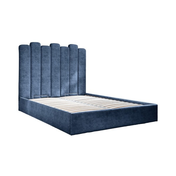 Mėlyna minkšta dvigulė lova su dėže ir grotelėmis 160x200 cm Dreamy Aurora - Miuform