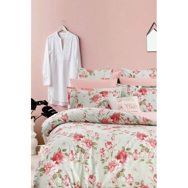 Iš ranforce medvilnės dvigulė/itin ilga patalynė žalios spalvos/rožinės spalvos su paklode/4 dalių 200x220 cm – Mila Home