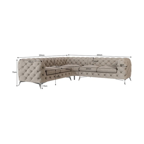 Pilkai smėlinės spalvos iš velveto kampinė sofa Chelsea – Ropez-image-4