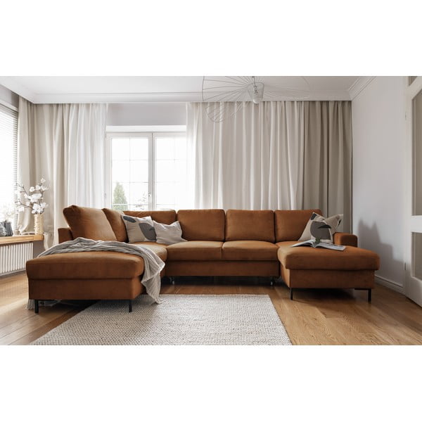 Iš kordinio velveto sulankstoma kampinė sofa oranžinės spalvos/rudos spalvos (su kairiuoju kampu) Lofty Lilly – Miuform-image-4
