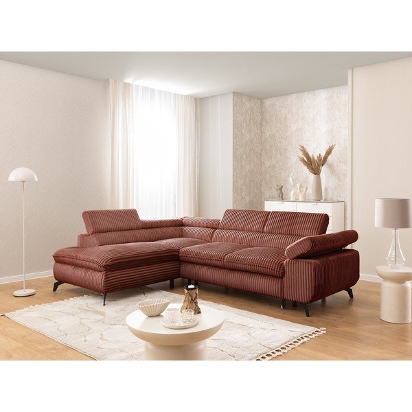 Terakotos spalvos kampinė sofa iš kordinio velveto (su kairiuoju kampu/„L“ formos) Marbeya  – Ropez-image-1