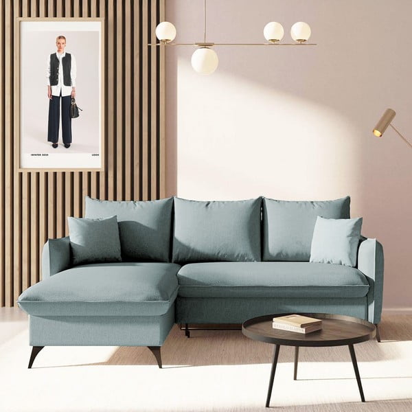 Šviesiai mėlynos spalvos sulankstoma/su sandėliavimo vieta kampinė sofa (su kairiuoju kampu/su gultu) Brim – Rodier-image-1