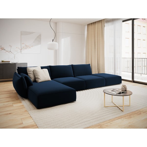 Tamsiai mėlynos spalvos iš velveto kampinė sofa (su kairiuoju kampu/su gultu) Vanda – Mazzini Sofas-image-1