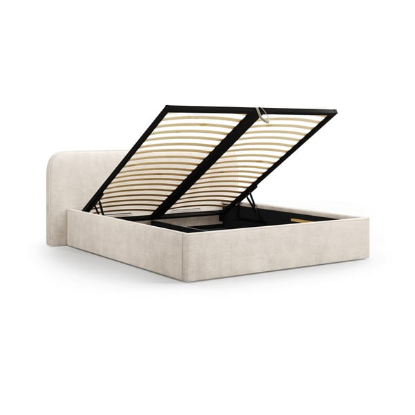 Smėlio spalvos dvigulė lova audiniu dengta su sandėliavimo vieta su lovos grotelėmis 180x200 cm Elizabeth – Micadoni -image-2