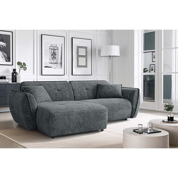 Tamsiai pilkos spalvos kampinė sofa iš šenilinio audinio (su kairiuoju kampu/su gultu) Nelia – Ropez-image-1