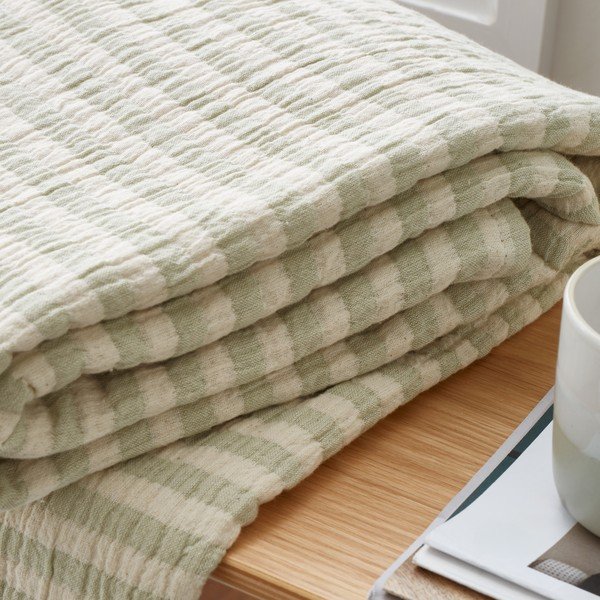 Žalios spalvos iš medvilnės antklodė ir pledas 150x200 cm Cotton Muslin Stripe – Bianca-image-1