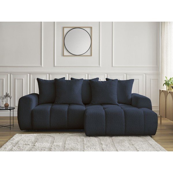 Mėlynos spalvos sulankstoma/su sandėliavimo vieta kampinė sofa iš boucle (su dešiniuoju kampu/su gultu) Roxelane – Bobochic Paris-image-1