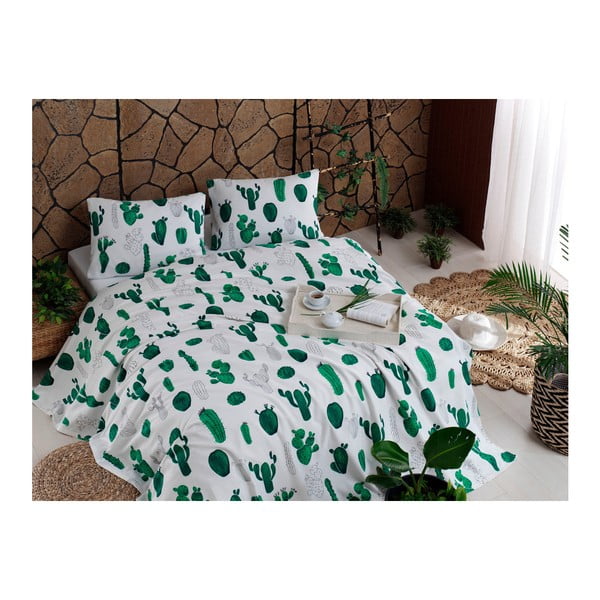 Medvilninės lovos užvalkalo, paklodės ir 2 užvalkalų rinkinys Cactus Green, 200 x 235 cm