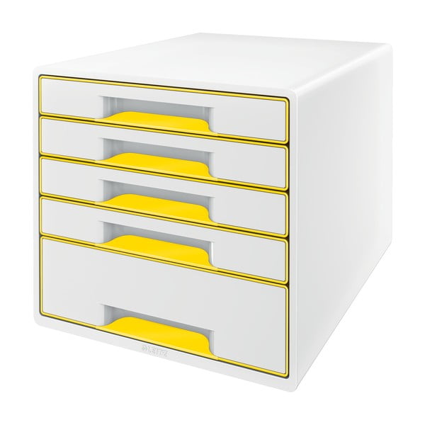 Baltos ir geltonos spalvos dėžė su stalčiais Leitz WOW CUBE, 5 stalčiai