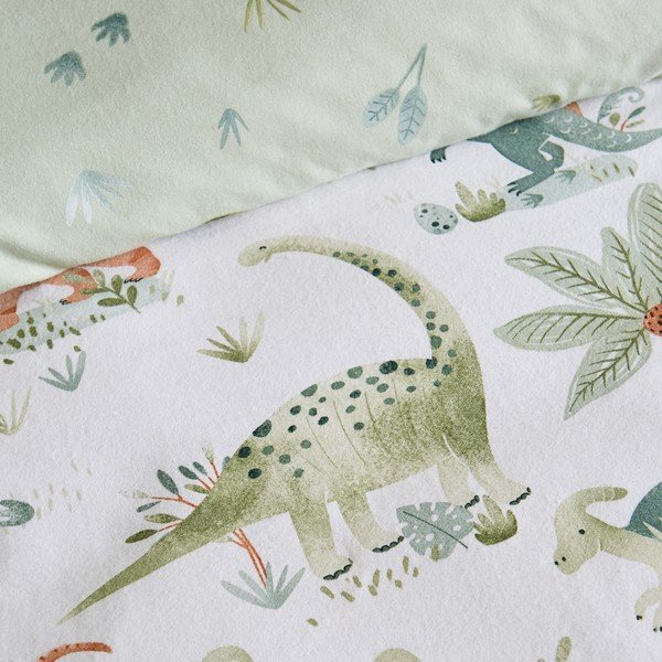 Kreminės spalvos iš flanelės viengulė vaikų patalynė su guma 90x190 cm Brushed Sleepy Saurus Dino – Catherine Lansfield-image-1