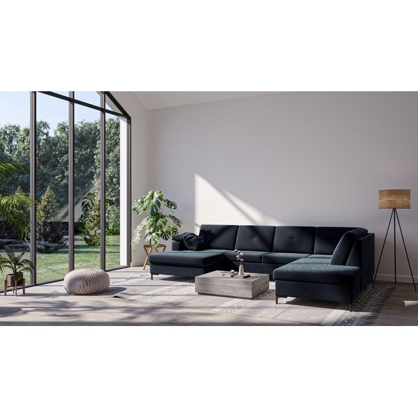 Tamsiai mėlyna aksominė U formos sofa-lova Ghado Moor, dešinysis kampas-image-1