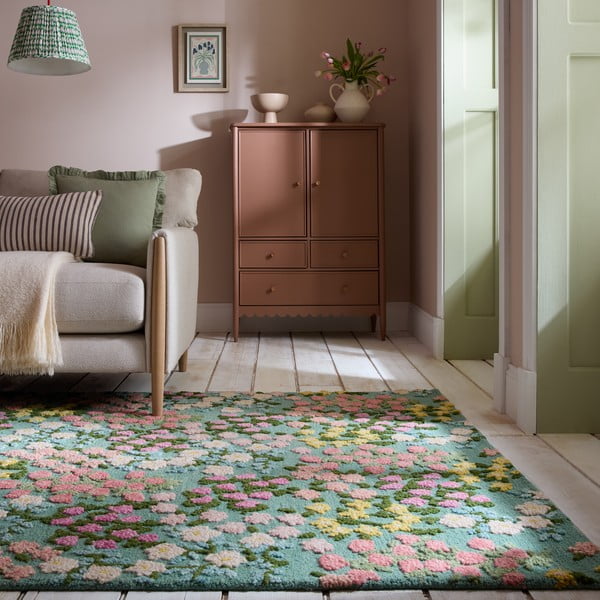 Rankų darbo mėtų spalvos iš vilnos kilimas 200x290 cm Emilia Floral – Flair Rugs-image-1