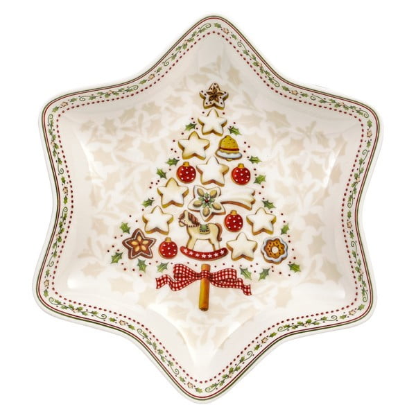 Raudonai baltas porcelianinis dubuo su kalėdinės žvaigždės motyvu Villeroy & Boch Gingerbread Village, 24,5 x 24,5 cm