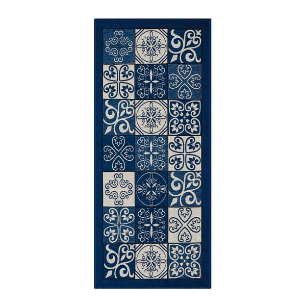 Mėlynas didelio atsparumo virtuvės kilimas Webtappeti Maiolica Blu, 55 x 240 cm