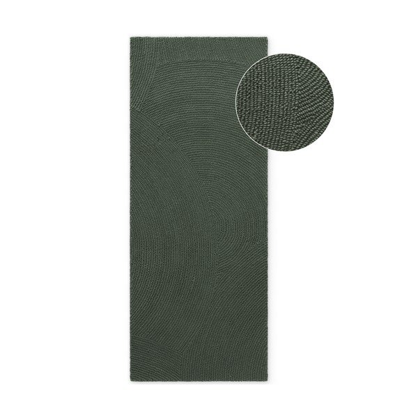Rankų darbo tamsiai žalios spalvos iš vilnos kilimas 80x300 cm Calmio – Hanse Home