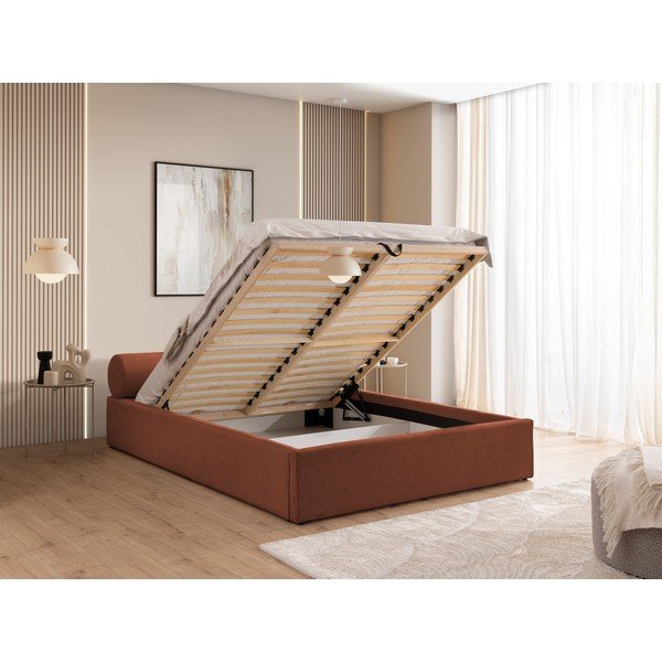 Terakotos spalvos dvigulė lova audiniu dengta su sandėliavimo vieta su lovos grotelėmis 180x200 cm Cille – Ropez-image-4