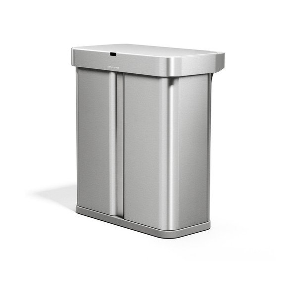 Sidabrinės spalvos iš plieno šiukšliadėžė 34+24 l rūšiavimui/bekontaktė Dual Sensor – simplehuman