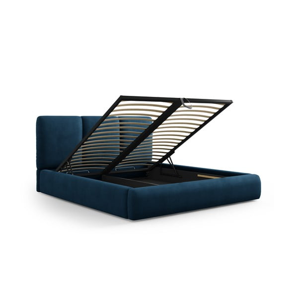 Dvigulė lova tamsiai mėlynos spalvos audiniu dengta su sandėliavimo vieta su lovos grotelėmis 200x200 cm Brody – Mazzini Beds-image-2