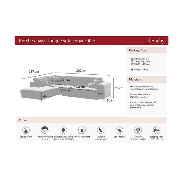 Tamsiai mėlyna aksominė kampinė sofa-lova Devichy Rothe, kairysis kampas-image-3