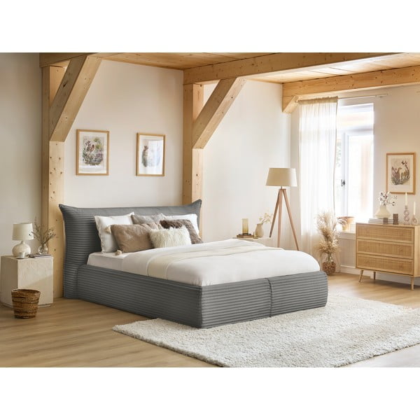 Dvigulė lova pilkos spalvos audiniu dengta su sandėliavimo vieta su lovos grotelėmis 160x200 cm Jade – Bobochic Paris-image-1