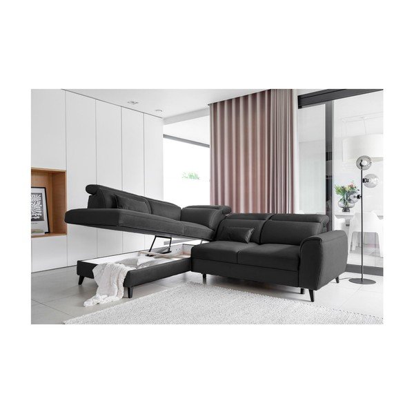 Tamsiai pilkos spalvos iš velveto sulankstoma/su sandėliavimo vieta kampinė sofa (su kairiuoju kampu/„L“ formos) Noble – ELTAP-image-3