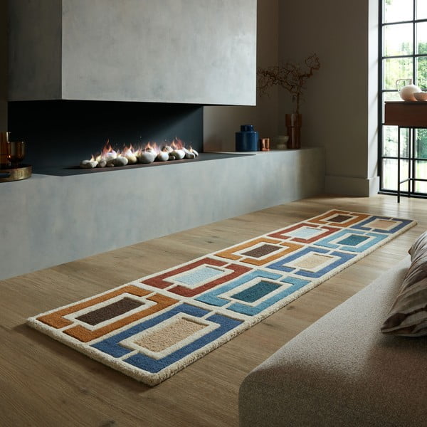 Rankų darbo iš vilnos kilimas mėlynos spalvos/oranžinės spalvos 60x230 cm Retro Blocks – Flair Rugs-image-1
