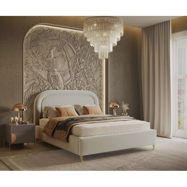 Dvigulė lova kreminės spalvos audiniu dengta su sandėliavimo vieta su lovos grotelėmis 140x200 cm Mija – Maison de Rêve-image-1