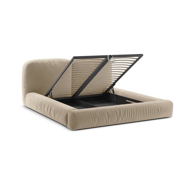 Smėlio spalvos dvigulė lova audiniu dengta su sandėliavimo vieta su lovos grotelėmis 200x200 cm Martina – Micadoni -image-2