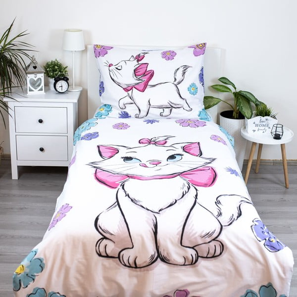 Baltos spalvos iš medvilnės viengulė vaikiška patalynė 140x200 cm Marie Cat "Floral" – Jerry Fabrics-image-1