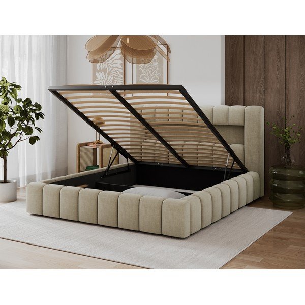 Smėlio spalvos dvigulė lova dengta audiniu su sandėliavimo vieta su lovos grotelėmis 180x200 cm Lamica – ELTAP-image-2
