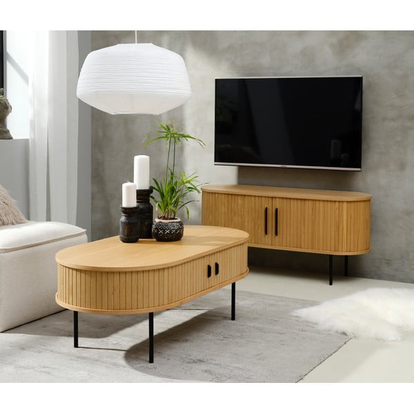 Natūralios spalvos ąžuolo apdailos TV staliukas 120x56 cm Nola - Unique Furniture-image-1