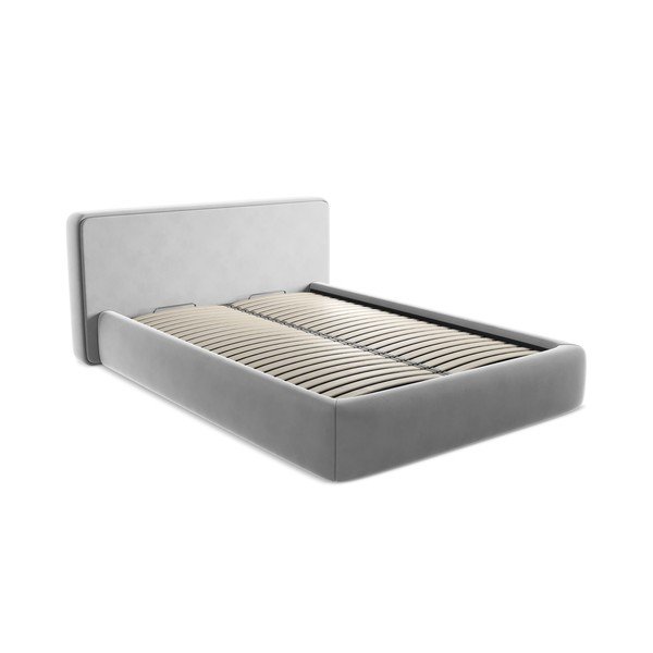 Pilkos spalvos dvigulė lova audiniu dengta su sandėliavimo vieta su lovos grotelėmis 140x200 cm Kiana – Makamii