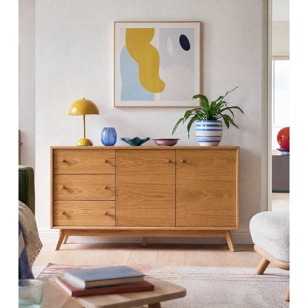 Žema šoninė spintelė natūralios spalvos iš ąžuolo 149x75 cm Kensal – Woodman-image-1