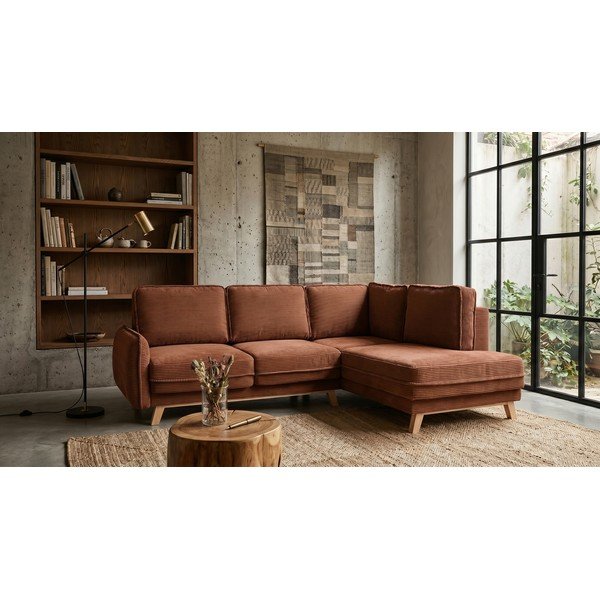 Iš kordinio velveto sulankstoma kampinė sofa oranžinės spalvos Tori – Bonami Selection-image-1